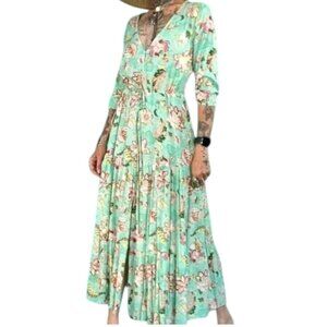 Sunday Mi Amor Womens Small Green Cottage Prairie Romantic Midi Floral Dress